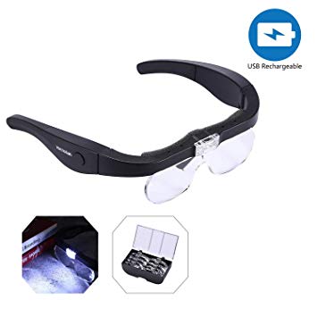 YOCTOSUN Rechargeable Head Magnifier Glasses, Eyeglasses Magnifier with 2 LED Lights and Detachable Lenses 1.5X, 2.5X, 3.5X,5X, Best Magnifying Glasses for Reading and Hobby