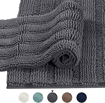 Extra Thick Striped Bath Rugs for Bathroom - (Set of 2) Anti-Slip Bath Mats Soft Plush Chenille Yarn Shaggy Mat Living Room Bedroom Mat Floor Water Absorbent (Grey, 32 x 20 Plus 24 x 17 - Inches)