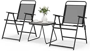 COSTWAY 3-Piece Patio Bistro Set, Garden Folding Chairs and Table Set with Marble-like Tabletop, Metal Frame Outdoor Dining Furniture Conversation Set for Balcony, Yard and Poolside, Black