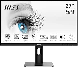 MSI PRO MP273QP Écran Bureautique 27" WQHD - Dalle IPS, 2560x1440, 75Hz, Confort Oculaire, Haut-Parleurs Intégrés, MSI Display Kit, Pied Ajustable, Montable VESA - DisplayPort 1.2a, HDMI 1.4b