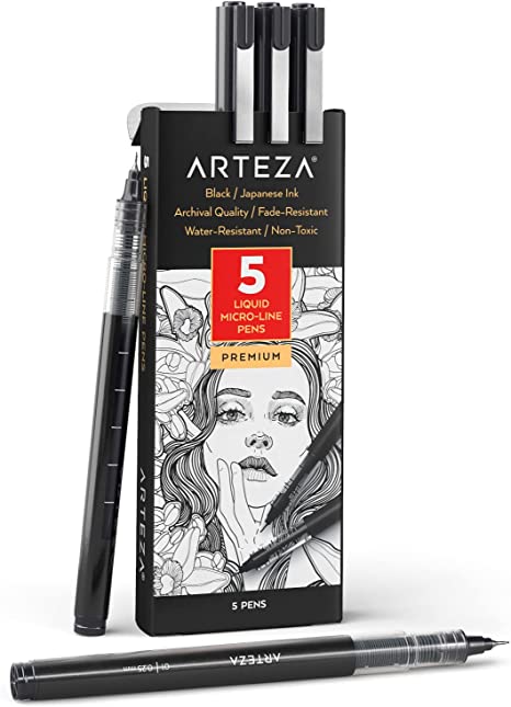 Arteza Micro-Line Ink Pens, Set of 5, Black Fineliners with Japanese Archival Ink, Art Supplies for Comic Artists and Illustrators, Calligraphy, Sketching, Anime, Technical Drawing