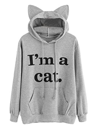 Romwe Women's Long Sleeve Kangaroo Pockets Slogan Letter Print Cute Cat Ear Pullover Hoodie