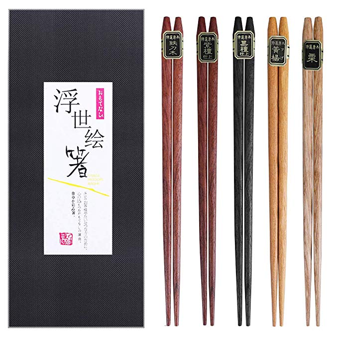 Japanese Chopsticks(5 Pairs), Opret Natural Wooden Chopsticks 5 Colours Traditional Chinese Chopsticks Reusable Chopsticks Gift Set