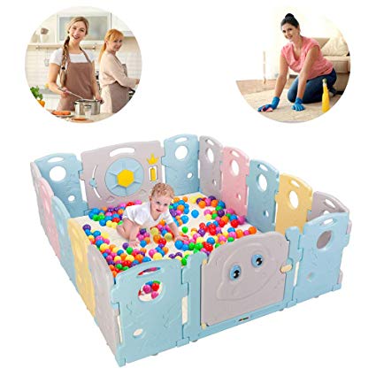 JOYMOR Baby BPA-Free Safety Extra Larger 16 Panels Rubber Anti-Skid Playpen Play Yards Baby Fence Kids Activity Center with Locked Door Home Indoor Outdoor Tortoise and Hare