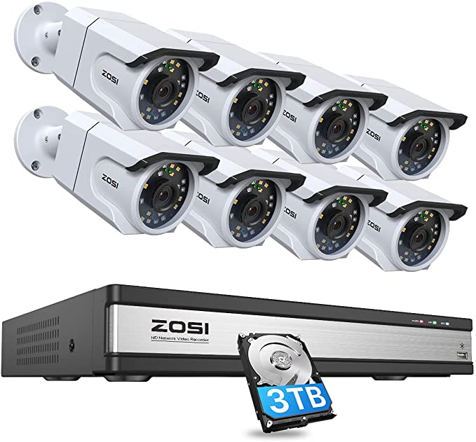 ZOSI 16CH 4K PoE Home Security Camera System with Audio,8MP 16CH H.265  NVR with 3TB HDD,8pcs 4K 8MP Outdoor Indoor PoE IP Cameras,Color Night Vision,Human Detection,Smart Light Alarm,24/7 Recording