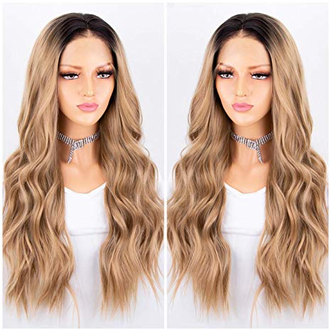 Persephone 2019 Soft Blonde Ombre Lace Front Wig 2 Tones Long Wavy Wigs for Women Glueless Synthetic Hair Replacement Wigs Heat Resistant 22 Inches