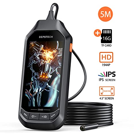 5.0MP Borescope with 4.5in IPS Screen, DEPSTECH 1944P Digital Endoscope, 0.33in Thin Waterproof Inspection Camera, 6 Adjustable LED Lights, 1.96in to 200in Focal Distance(16.5ft)