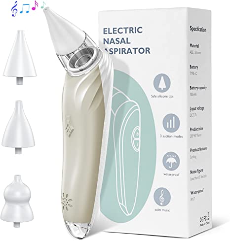 Nasal Aspirator for Baby,Electric Baby Nose Sucker with Adjustable Suction Level, USB Rechargeable with 3 Silicone Tips,Music and Light Soothing Function