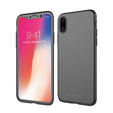 iPhone X Case, Celeir 360 Degree Hybrid Shockproof Full Body Protection Cover Ultra Thin Hard PC Anti Scratches Fingerprint Excellent Grip with Tempered Glass Screen Protector (Black)