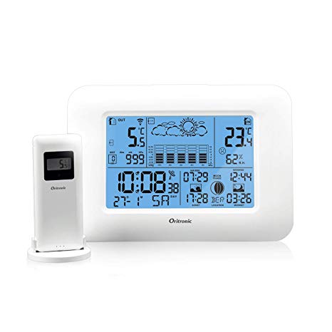 Oritronic Digital Weather Station with Outdoor Indoor Sensor, Radio-Controlled Alarm Clock, Barometer, Temperature, Humidity Monitor, Weather Forecast Station for Home,White