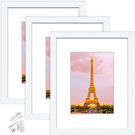 upsimples 8x10 Picture Frame Set of 3,Made of High Definition Glass for 5x7 with Mat or 8x10 Without Mat,Wall Mounting Photo Frame White