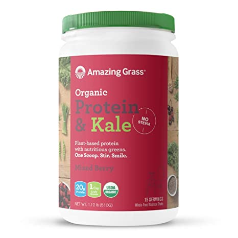 Amazing Grass Organic Vegan Protein & Kale Powder: 20g of Plant Based Proteinper Serve Plus 1 Cup Of Greens, Mixed Berry, Flavor, 15 Servings