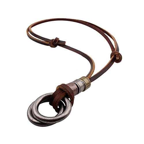 Alloy Double Ring Pendant Silver Brown Genuine Leather Vintage Adjustable Cord