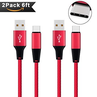 USB C Cable, Xcords USB Type C Cable 2 Pack (6ft) Nylon Braided Fast Charger Cord (USB 2.0) for Galaxy S8(Plus), LG G6 G5, Google Pixel XL, Nintendo Switch, Nexus 6P, Macbook12" and More Red