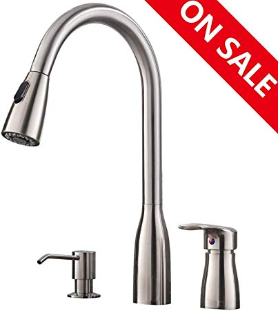 Hotis 3 Hole Pull Out Prep Sprayer Stainless Steel Single Handle Pull Down Kitchen Faucet,Sink Faucet Brushed Nickel Kitchen with Soap Dispenser
