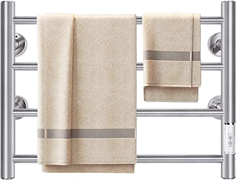 JSLOVE Towel Warmer 4 Bars Wall Mounted with Built-in Timer Electric Heated Towel Racks for Bathroom, Stainless Steel Hot Plug-in Bath Towel Heater, Brushed