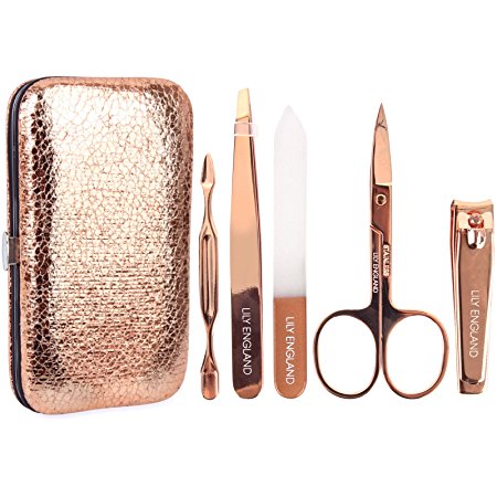 Lily England Rose Gold Manicure & Pedicure Set. Professional 5 Piece Nail Care Kit with Luxury Travel Case