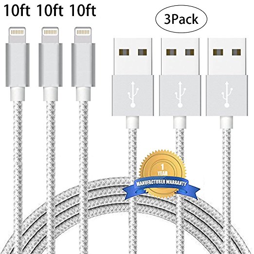 iPhone Charger Chamfind,iPhone Lightning to USB Cable (3Pack 10FT) Syncing and Charging Cord for iPhone 7,iPhone6,6s, 6 Plus,6s Plus, iPhone 5 5s 5c,SE, iPad Air, iPod,iPod (Silver Grey)