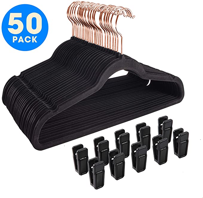 Finnhomy Heavy Duty 50 Pack Clothes Hangers with 10 Multiple Use Finger Clips, Non-Slip Sturdy Velvet Hangers, Durable Slim-Line Clothing Hangers with Copper/Rose Gold Hook, Black