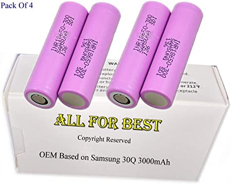 4 Pack of Authentic 30Q, 3000mAh 3.7V 15A, Flat Top,18650-Battery, for Flashlight