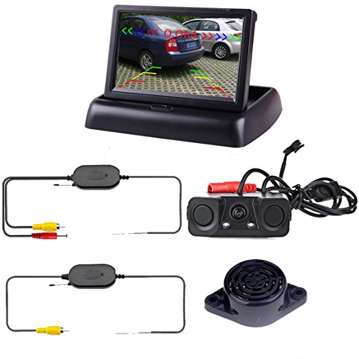 Podofo Wireless Car Backup Camera with 2 Parking Alarm Sensors Radar Detector & 4.3" LCD Rearview Monitor