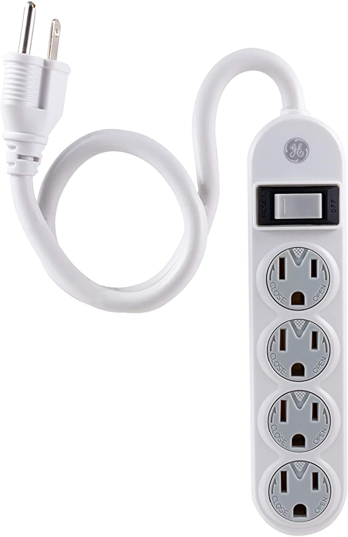 GE 4-Outlet Power Strip, 1.5 Ft Extension Cord, Grounded Outlets, Twist-to-Lock Safety Covers, Integrated Circuit Breaker, UL Listed, White, 14837