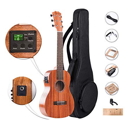 Caramel 6 Strings CB402G All Solid Mahogany Acoustic Electric Ukulele Guitalele with Truss Rod with E-A-D-G-B-E Strings, Padded Gig Bag, Strap and EQ cable