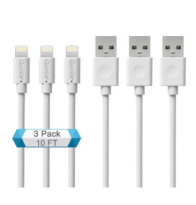 3pcs 10ft Quntis Extra Long Date Charge Sync Cable for iphone 6 6 Plus 6S ipad Air Mini Lightning Connector for All IOS Device Lifetime Guarantee (White)