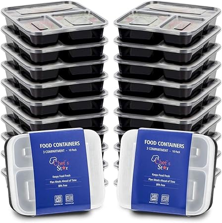 Chef's Star 3 Compartment Reusable Food Storage Containers with Lids - Microwave Safe - Dishwasher Safe - Bento Lunch Box - Stackable - Pack of 20