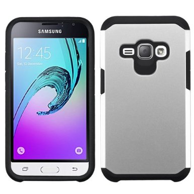Samsung Galaxy Express 3 (AT&T) Case, BornTech Dual Layer Shockproof Armor Protector Cover Case, Accessory For Samsung Galaxy J1 (2016) / Samsung Galaxy AMP 2 (Black/Silver)