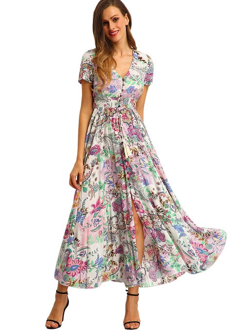 Milumia Women's Print Button Split Front Flare Maxi Dress