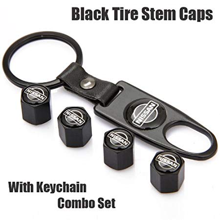 Nissan Black Tire Stem Valve Caps and Black Keychain Combo Set