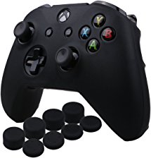 YoRHa Silicone Cover Skin Case for Microsoft Xbox One X & Xbox One S controller x 1(Black) With Pro thumb grips 8 pieces