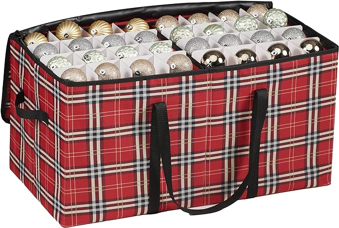 ZOBER Christmas Ornament Storage Box - 26.4x13.3x13.5 Inch Container for Up to 3-Inch Ornaments and Decoration w/Organizer Dividers - Holds up to 128 Ornaments - Red Plaid