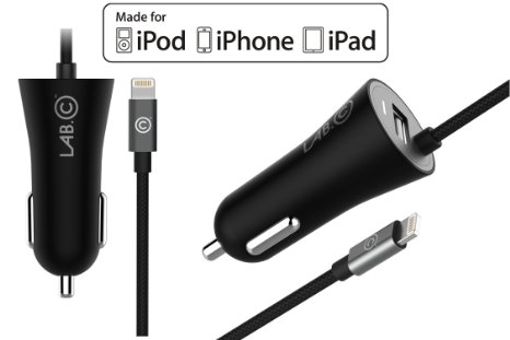 Car Charger LABC [Apple MFI Certified] 3.4A Lightning iPhone Car Charger with 4 ft Lightning Cable for iPhone 6s, 6 / 6 Plus / 5s / 5, iPad Air 2 and more by LABC (LABC-591-GR)