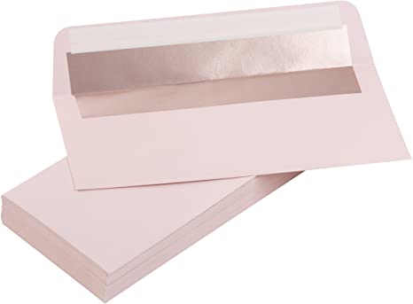 Best Paper Greetings Bulk 50-Pack Blush Pink Rose Gold Foil Lined Square Flap Peel and Stick Business Envelopes - 4 1/8 x 9 1/2 Inches