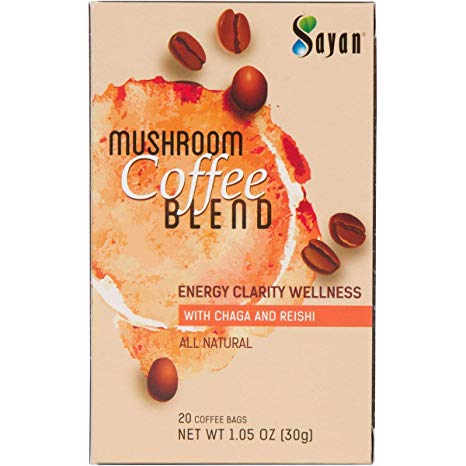 Sayan Mushroom Instant Coffee Blend 20 Packets (0.09oz/2.5g each) 100% Organic Arabica Colombian | Organic Reishi & Chaga Extract | Powerful Immune Support Antioxidant Drink | Concentration & Focus