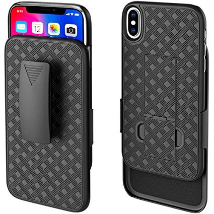 Bomea Holster Combo iPhone X Case, Hard Protective Shell and Holster Combo Case, Slim Hard Cover Case with Built in Kickstand, Swivel Belt Clip Holster for Apple iPhone X Cell Phone Black