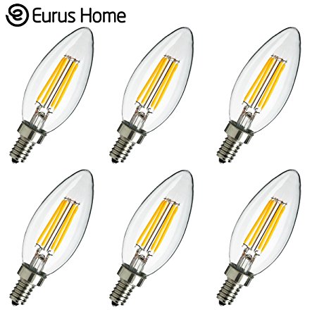 (6 Pack) Eurus 4W Dimmable LED Filament Candle Light Bulb,2700K Warm White 400LM,E12 Candelabra Base Lamp C35 Bullet Top,40W Incandescent Replacement