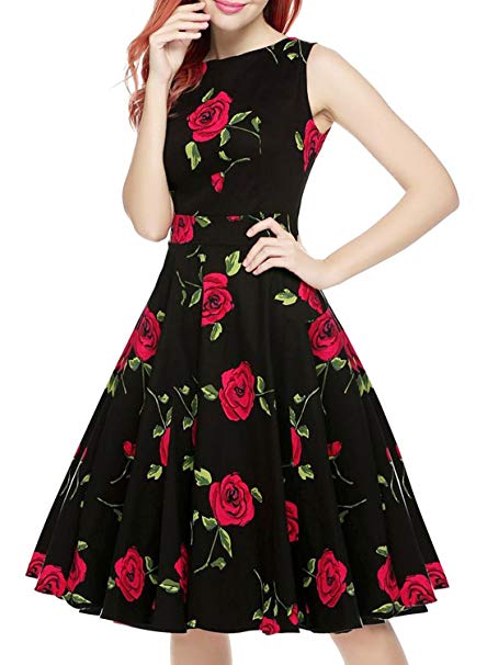 ihot Women's Vintage 1950s Classy Rockabilly Retro Floral Pattern Print Cocktail Evening Swing Party Dress