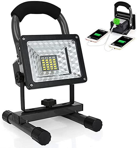 [15W 24LED] Spotlights Work Lights Outdoor Camping Lights, Built-in Rechargeable Lithium Batteries (with USB Ports to Charge Mobile Devices) (Black)