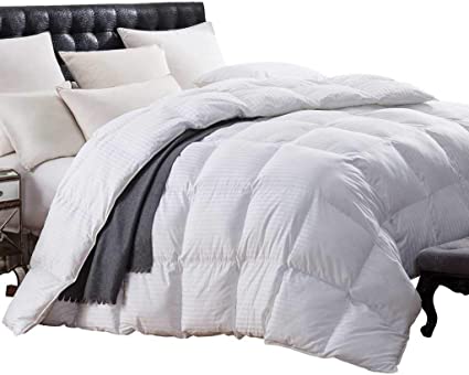 Goose Down Comforter - 1200 Thread-Count Cal King Size Siberian Goose Down Comforter, White Stripe, 100% Egyptian Cotton 750FP, 50Oz