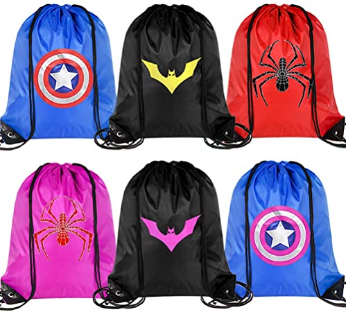Zaleny 6 Pcs Superhero String Bags Super Hero Drawstring Backpacks Hero Sack Cinch Bags Theme Party Favors Supplies for Boys & Girls