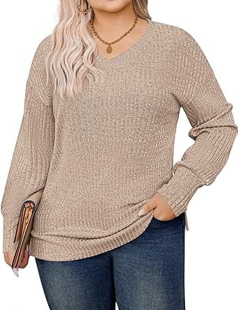 IN'VOLAND Women Plus Size Long Sleeve Shirts Lightweight V Neck Ribbed Casual Fall Winter Tunic Tops