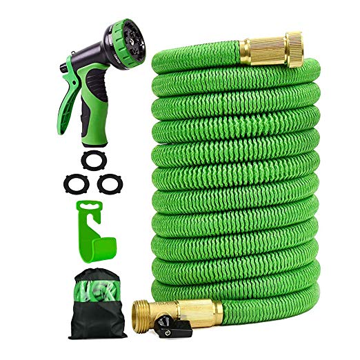 25 ft Garden Hose,Latex Core 3/4 Solid Brass Fittings,Durable Lightweight Expandable Water Hose,9-Mode High Pressure Spray Nozzles,Free Storage Bag   Hook