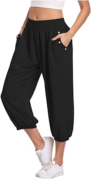 Dilgul Women's Loose Fit Capri Harem Pants Workout Joggers Sweatpants Yoga Pants with Pockets