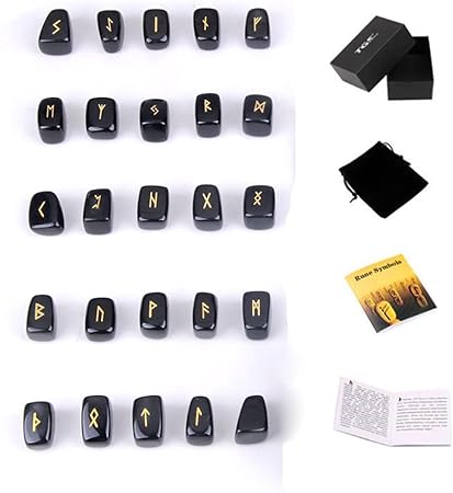 TGS Gems Black Obsidian Rune Stones Set Engraved Pagan Lettering with Instruction Booklet and Velvet Pouch