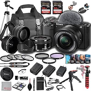 Sony ZV-E10 Mirrorless Camera with 16-50mm Lens, 128GB Extreem Speed Memory,.43 Wide Angle & 2X Lenses, Case. Tripod, Filters, Hood, Grip,Spare Battery & Charger, Editing Software Kit -Deluxe Bundle