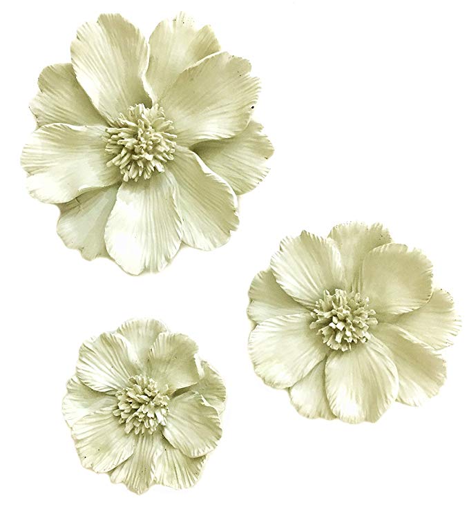 Bellaa 22717 Floral Wall Sculpture 3D Flower Set of 3 (Beige, 8.5", 7", 6" and 2" inches Thick)