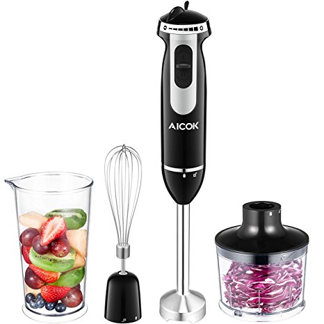 Aicok Hand Blender 350W Powerful Immersion Mixer with Variable Speed Multifunction Blender Set Serve as Smart Stick Blender, Smoothie Blender, Food Chopper and Whisk, 4 Stainless Steel Blades, Black